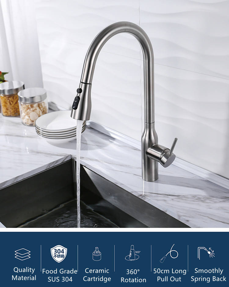 Commercial Kitchen Faucet Long Neck Mixer Taps 304 Stainless Steel Pull
