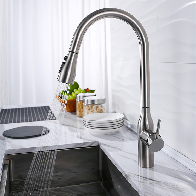 Hot-selling 304 Stainless Steel Kitchen Taps Mixer Brushed Finished Tap Faucet Kitchen Faucet with Pull Down Spray
