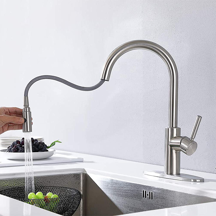 Amazon Hot Sale Kitchen Mixer Brushed Stainless Steel 304 Faucet Tap Hot And Cold Pull Down Kitchen Sink Faucet