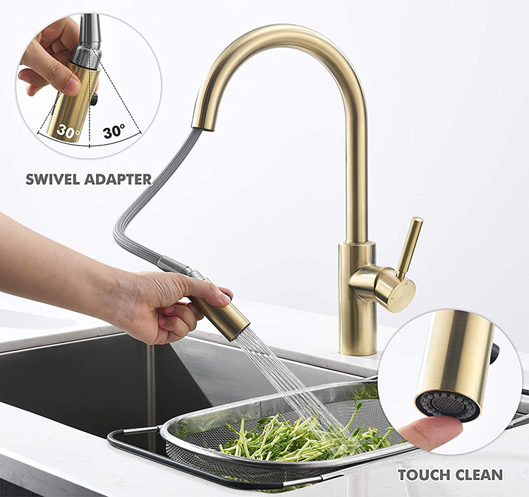 Gold Kitchen Faucet Stainless Steel Single Hole 2 Function Sprayer Pull Down Kitchen Faucet