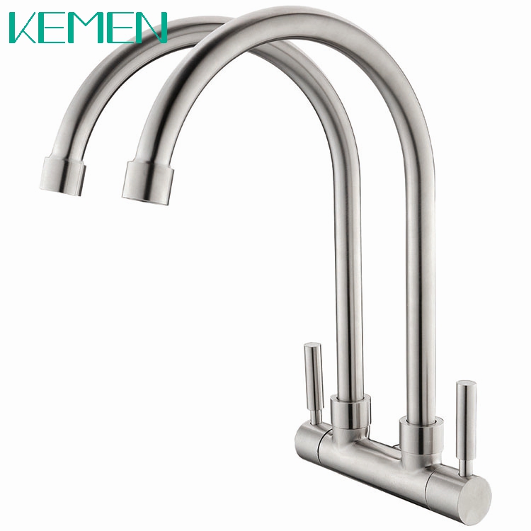 Double Tap 1 in 2 Out Any Degree Rotation Single Cold Water Sink Tap Wall Kitchen Faucet